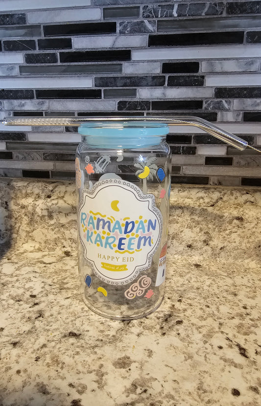 16 oz Customized Ramadan Kareem Drinking Glass Cups with Acrylic Lids and Glass Straw Reusable