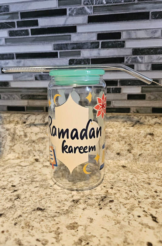 16 oz Customized Ramadan Kareem Drinking Glass Cups with Acrylic Lids and Glass Straw Reusable
